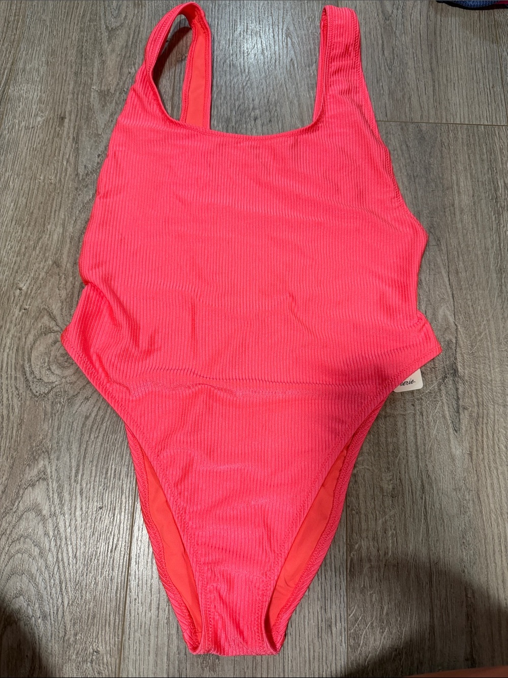 Aerie neon coral  Ribbed shine One-Piece Swimsuit